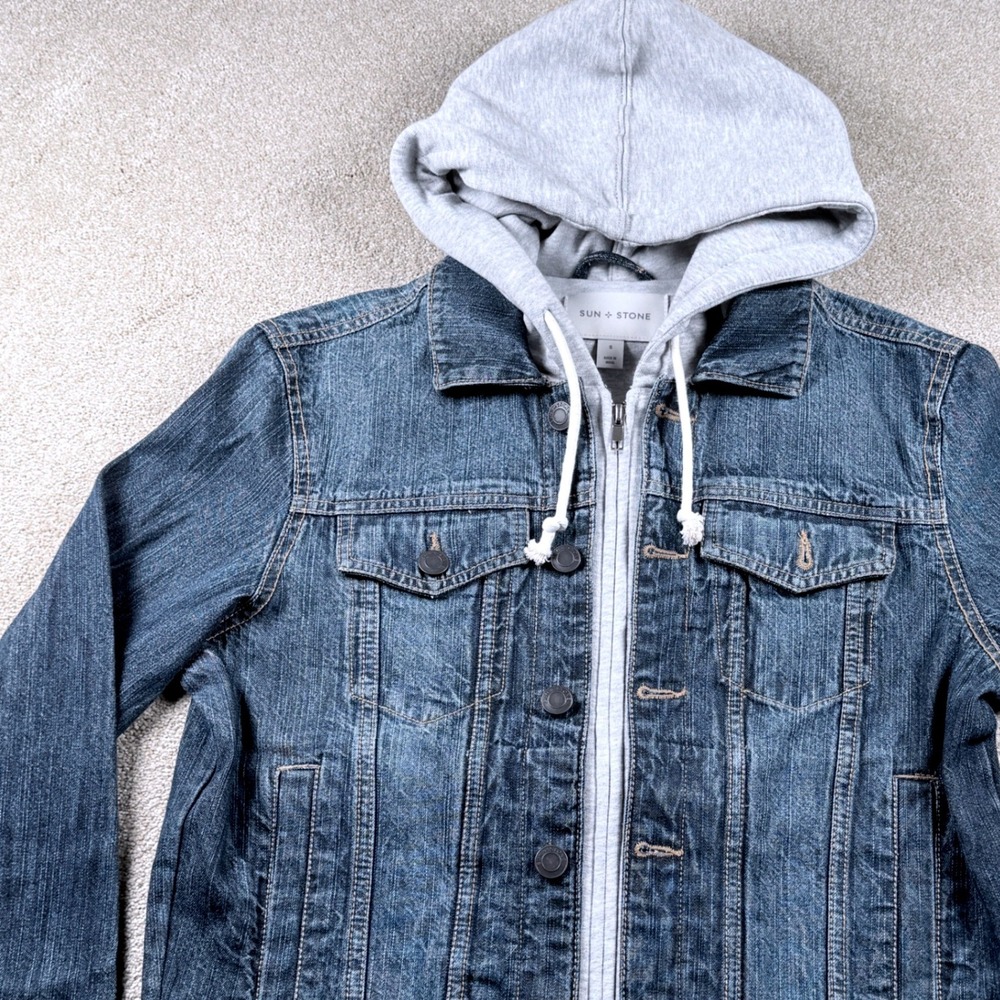 Sun + Stone Denim Jacket Men Small Blue Hooded Tsunami Wash New - Picture 2 of 9